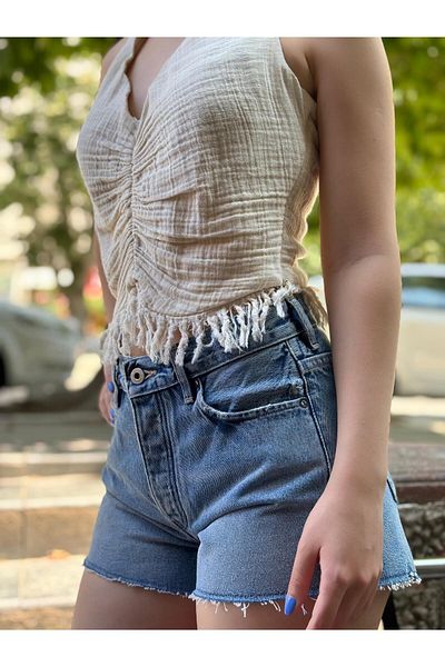 VibeGaia Halter Neck Tassel Linen-Cotton Crop Blouse – Ecru