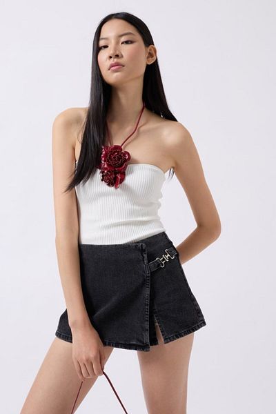 D&M Life Collection Belt Detail Denim Shorts Skirt - 38 - Black