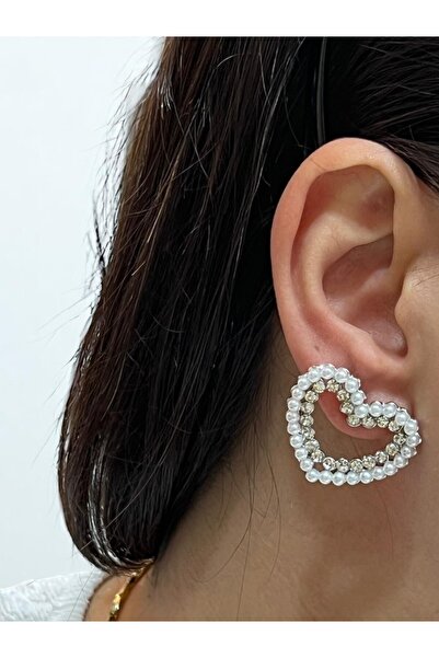 MUTENA Heart Stone Pearl Women's Earrings - Heart Figured Stone Detailed Dangle Earrings