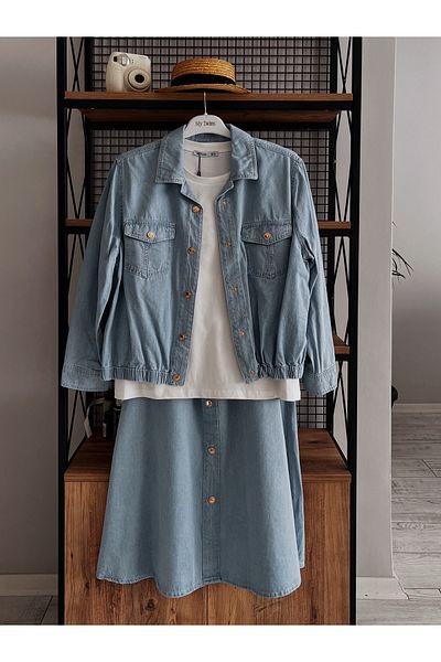 My twins Ewas Design Midi Length Denim Skirt Blouse Denim Jacket Plus Size Women's Three Piece Set