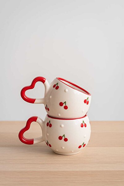 SırART مجموعة من 2 كوب سيراميك مطرز يدويًا بنمط الكرز