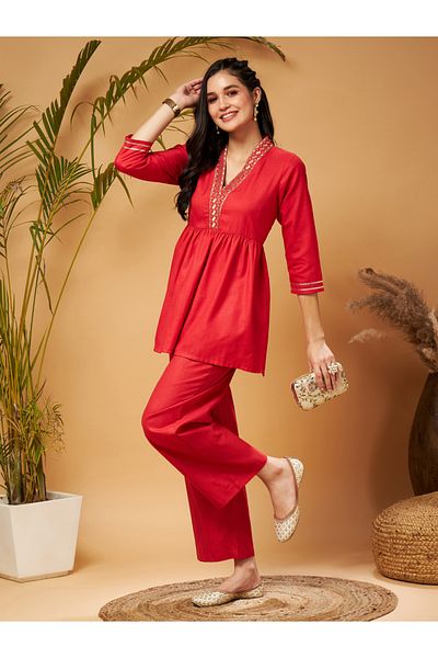 Shae by SASSAFRAS Embroidered Gathered Detail Peplum Top and Wide Leg Set
