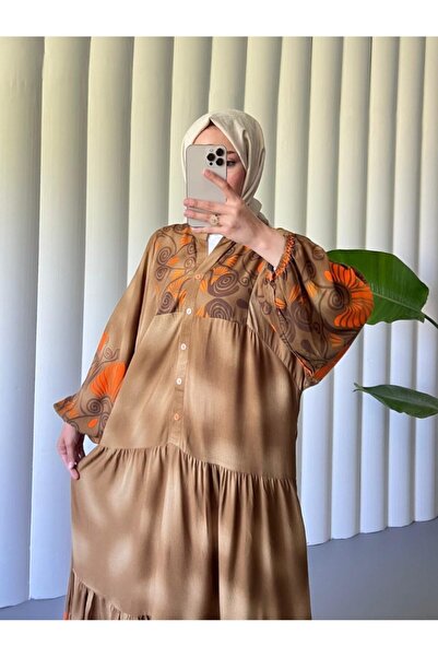 Modamorfo Φόρεμα με γιακά με μισό κουμπί με ελαστικό σχέδιο - Toprak