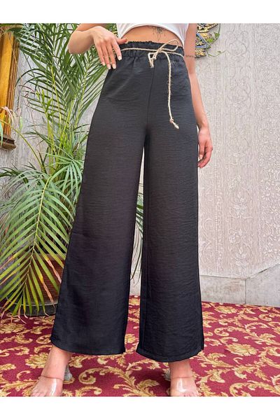 sportiness Straw Belt Palazzo Linen Wide Leg Trousers