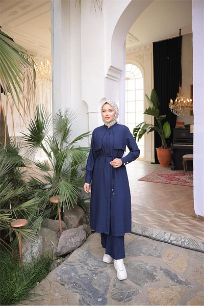 Bwest Waist Laced Short Vest Detailed Dress Double Hijab Tracksuit Set - (38-46) - 71284 - Navy Blue