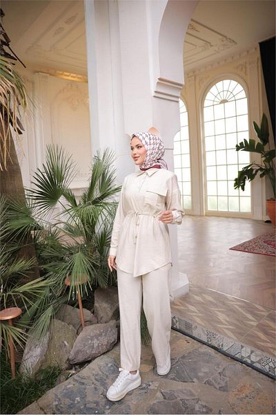 Bwest Waist Laced Single Pocket Shirt Double Hijab Tracksuit Set - (38-46) - 71283 - Beige
