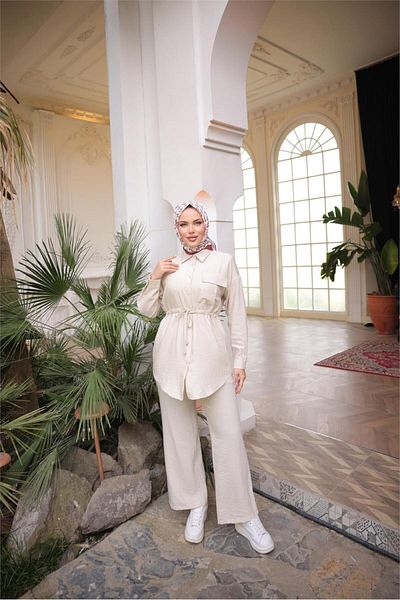 Bwest Waist Laced Single Pocket Shirt Double Hijab Tracksuit Set - (38-46) - 71283 - Beige