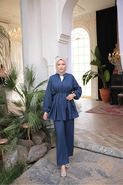 Bwest Buttoned Waist Laced Short Tunic Double Hijab Tracksuit Set - (38-46) - 71281 - Navy Blue