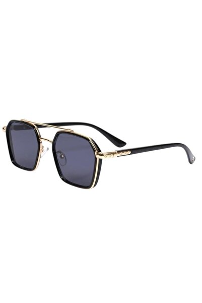 Merand Geometric Sunglasses with Gold Detail – Unisex Metal Frame, Navy Blue Glass