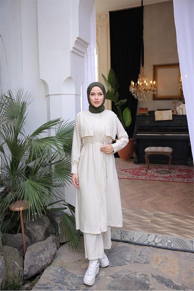 Bwest Waist Laced Short Vest Detailed Dress Double Hijab Tracksuit Set - (38-46) - 71284 - Beige