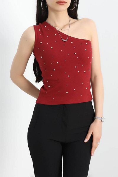 NovaRopa Women's Burgundy One Shoulder Stone Detailed Blouse-Mbw6002