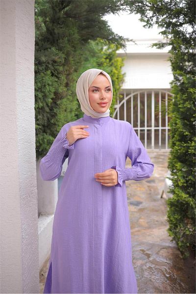 Bwest Buttoned Slit Gathered Sleeves Long Tunic Double Hijab Tracksuit Set - (38-46) - 71279 - Lilac