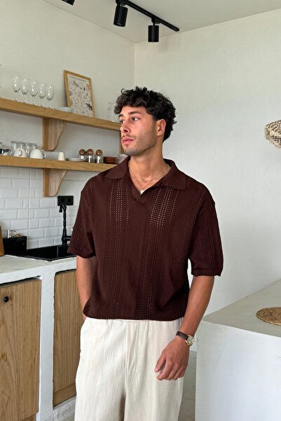 Flaw Wear Πλεκτό μπλουζάκι με λαιμόκοψη πόλο καφέ