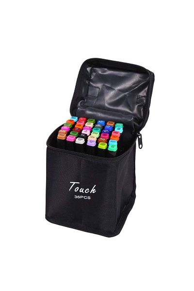 Touch 36pcs Dual Tip Markers Set, Assorted Colors Stylish Black Body with Black Cloth Bag