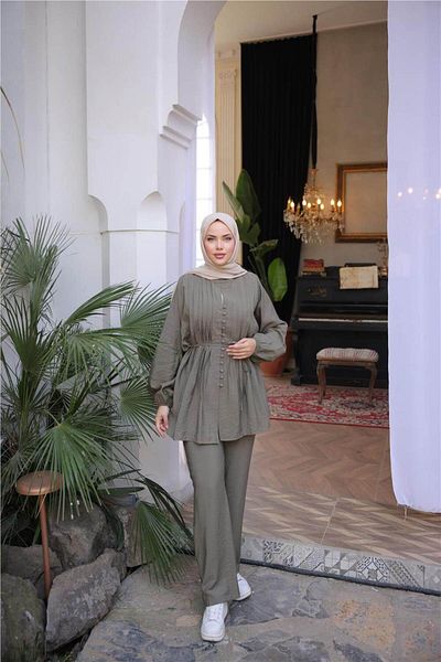 Bwest Buttoned Waist Lace-Up Short Tunic Double Hijab Tracksuit Set - (38-46) - 71281 - Khaki