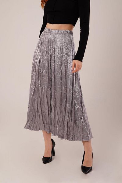 D&M Life Collection Midi Length Pleated Satin Gray Skirt - m - Gray