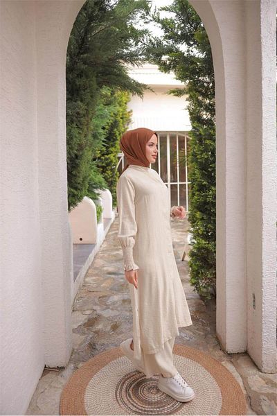 Bwest Buttoned Slit Gathered Sleeves Long Tunic Double Hijab Tracksuit Set - (38-46) - 71279 - Beige
