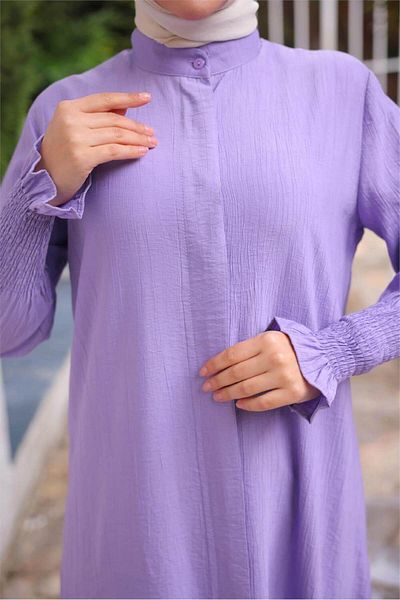 Bwest Buttoned Slit Gathered Sleeves Long Tunic Double Hijab Tracksuit Set - (38-46) - 71279 - Lilac