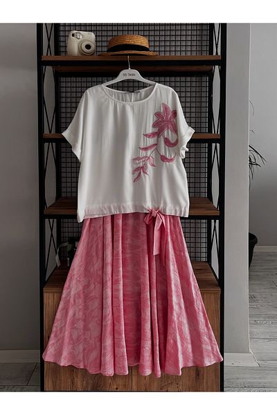 My twins Ewas Design Midi Length Skirt Bead Embroidered Blouse Women's Double Viscon Suit