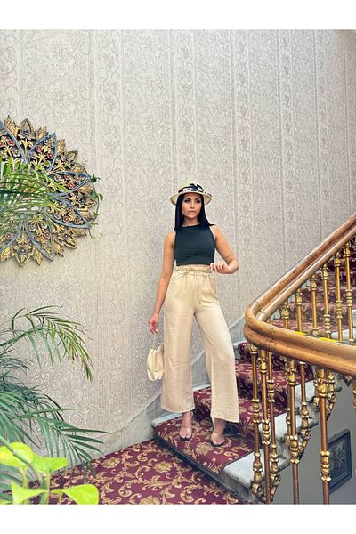 sportiness Straw Belt Palazzo Linen Wide Leg Trousers