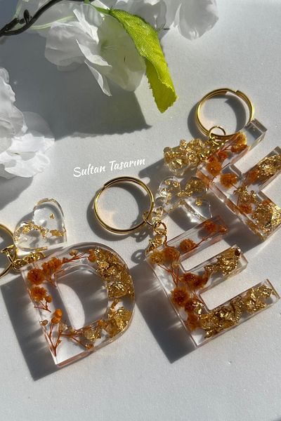 Sultan Tasarım Gold Foil Floral Glittery-Paillette Epoxy Letter - Number Keychains