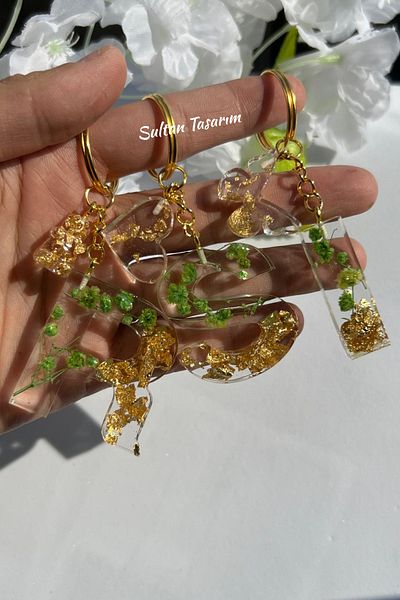 Sultan Tasarım Gold Foil Floral Glittery-Paillette Epoxy Letter - Number Keychains