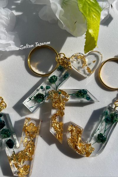 Sultan Tasarım Gold Foil Floral Glittery-Paillette Epoxy Letter - Number Keychains
