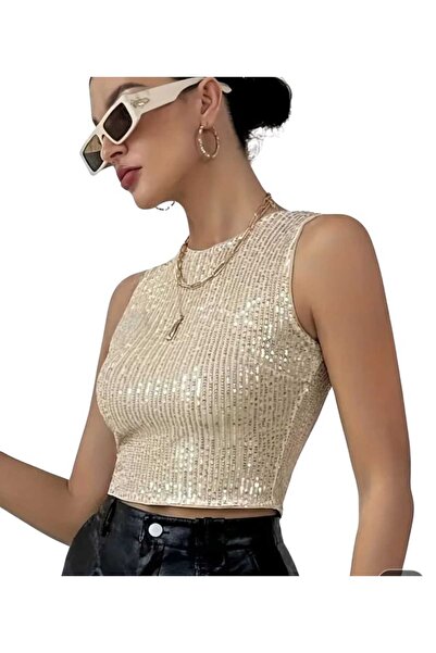 By Kul Design Women's Crew Neck Sequin Crop