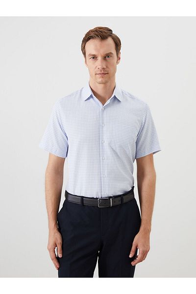LC Waikiki Formal Blue Regular Fit Short Sleeve Plaid Men's Shirt