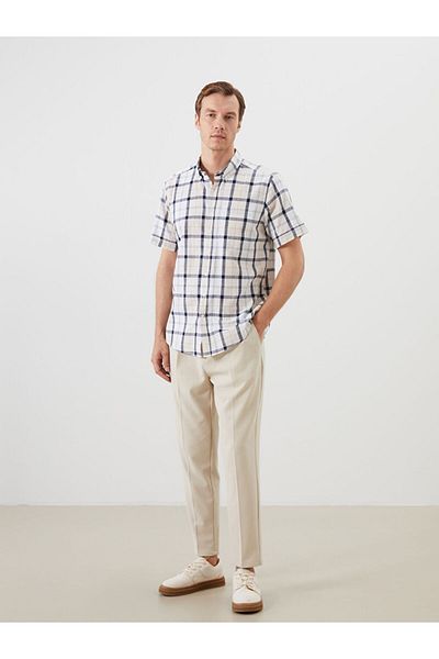 LC Waikiki Beige Regular Fit Short Sleeve Plaid Poplin Men's Shirt