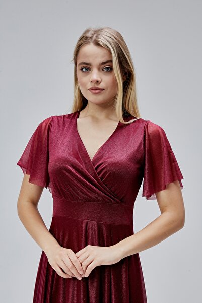 HELVEYS Kadın Simli Tüllü Kruvaze Yakalı İç Astarlı Volan Kollu Fermuarlı Esnek Şık Uzun Abiye Elbise H3051