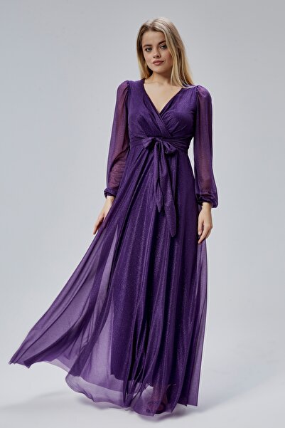 HELVEYS Γυναικείο ασημί τούλινο μακρυμάνικο φόρεμα με διπλό γιακά, εσωτερική ...