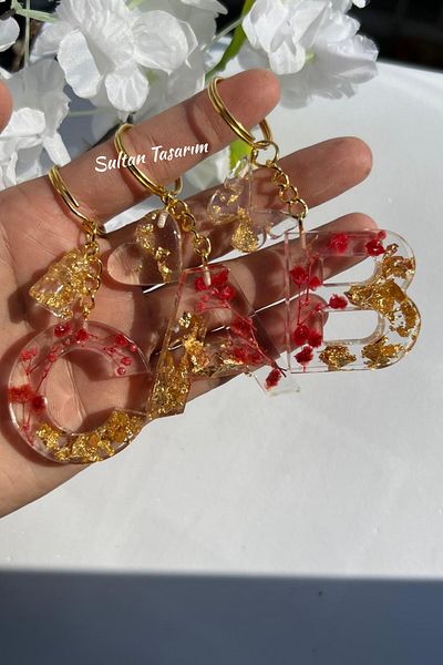 Sultan Tasarım Gold Foil Floral Glittery-Paillette Epoxy Letter - Number Keychains