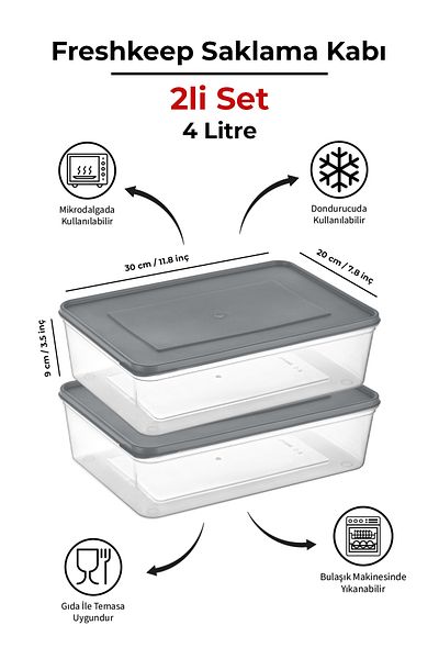 bizimevde 2-Piece Storage Container 4 Liter Deep Freezer Microwave Compatible