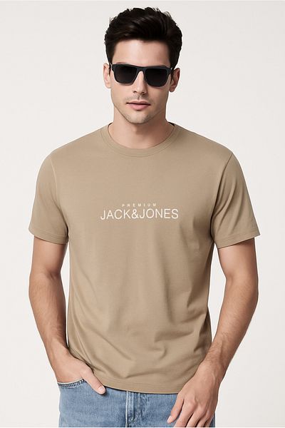 Jack & Jones J&J T-Shirt Men's Chest Logo Printed T-Shirt Beige
