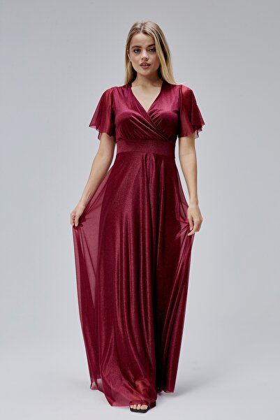 HELVEYS Kadın Simli Tüllü Kruvaze Yakalı İç Astarlı Volan Kollu Fermuarlı Esnek Şık Uzun Abiye Elbise H3051