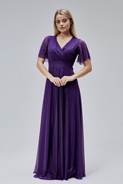 HELVEYS Kadın Simli Tüllü Kruvaze Yakalı İç Astarlı Volan Kollu Fermuarlı Esn...