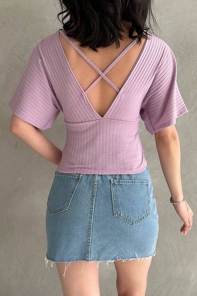 LB Laluna Butik Women's Moon Sleeve Double Breasted Collar Back Cross Band Detailed Blouse
