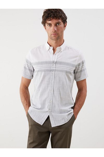 LC Waikiki Green Regular Fit Short Sleeve Striped Poplin Men's Shirt