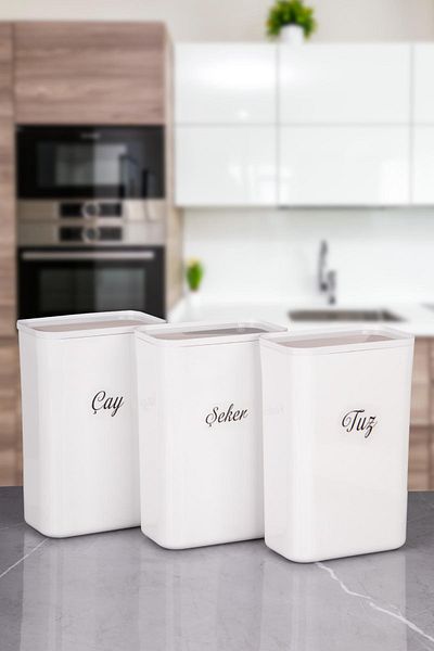 naturelove 4-Piece White Un Salt Sugar Tea Food Storage Box Vacuum Lid 3 Lt Acrylic Labeled