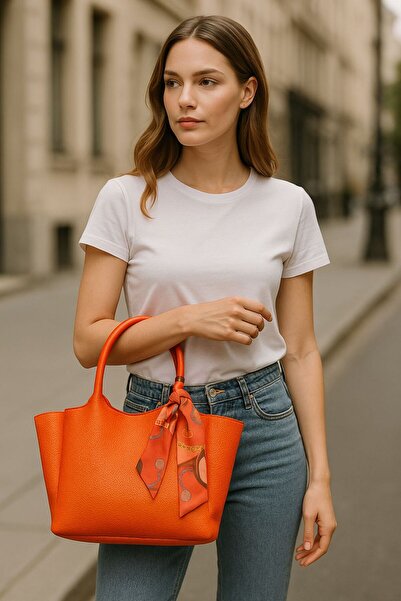 Timeless Orange Color Soft Leather Look Women's Shoulder and Hand Bag – Double Zipper, Shawl Detail