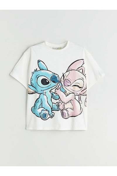 LC Waikiki Ecru Crew Neck Stitch and Angel Printed Girl's T-Shirt