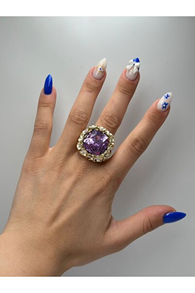 MyladyAccessoriess 14K Altın Kaplama Mor Kristal Taş Ve Çiçek Detay Yüzük