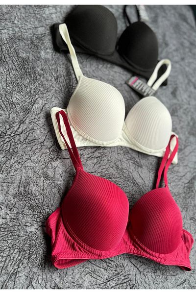 Olivia Carmen Olivia Carmen Basic Ribbed Patterned Supported 3-Piece Bra Set