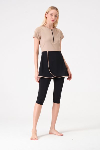 İKSUN Women's Short Sleeve Semi-Covered Hijab Swimsuit with Tights Bonnet Suit Short Arm Swimsuit