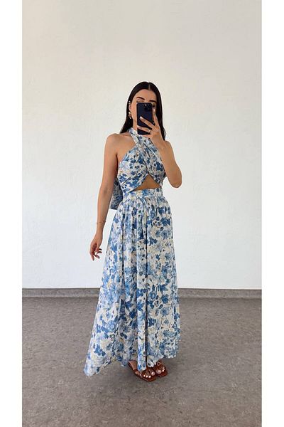 Sachistanbul Floral Patterned Tie-Up Blouse Skirt Set