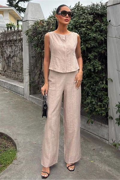D&M Life Collection Zero Sleeve Blouse Tie-Dye Patterned Trousers Double Suit 10181-08 - m - Beige
