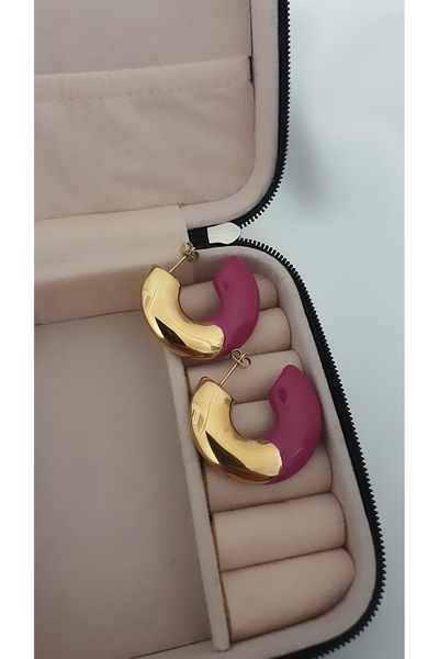 YONGA'S BOUTİQUE أقراط مسطحة من الفولاذ باللون الفوشيا الذهبي