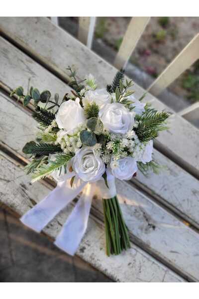 Buketlife Yeşil beyaz gelinbuketi gelinçiçeği ve yakaçiçeği