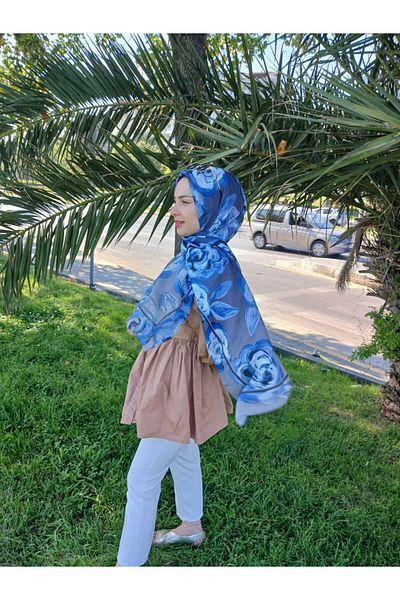 Nilbutik Rose Pattern Cotton Shawl Navy Blue